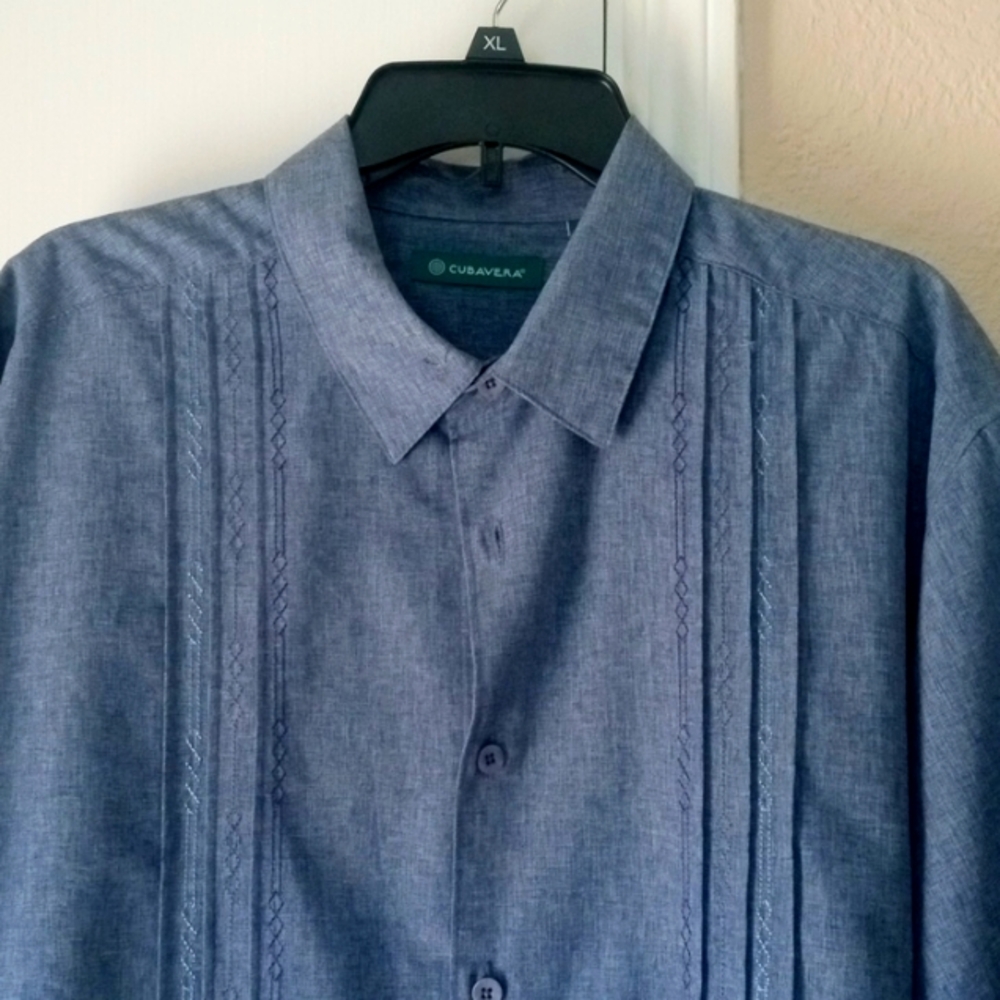 Cubavera Short Sleeve Button Down Panel Shirt - Navy Blue - size Medium